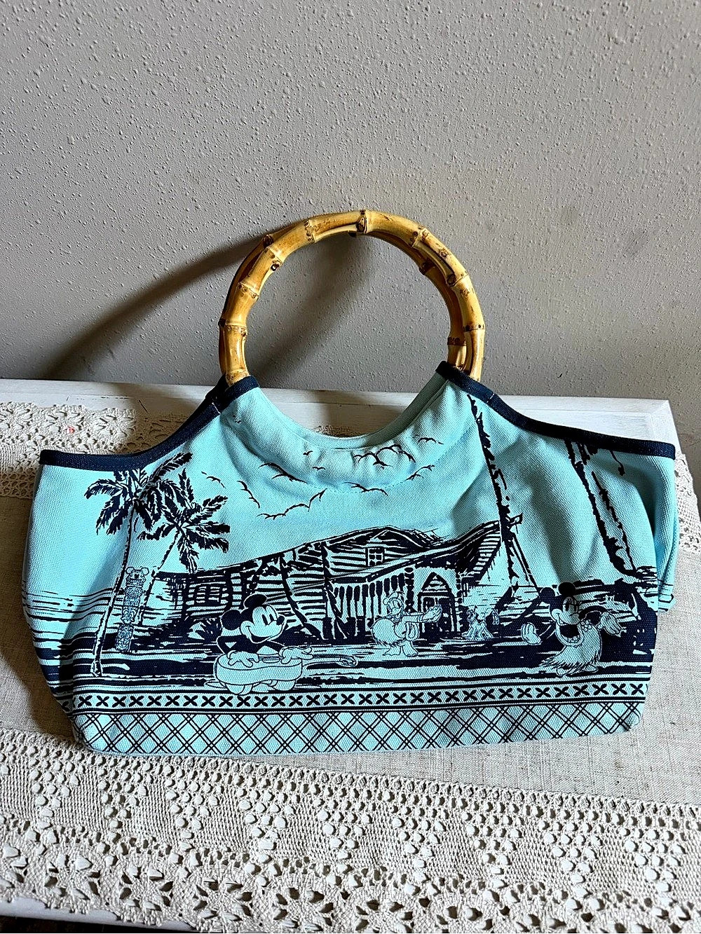 Disney Store Tiki Kingdom Mickey & Minnie Bamboo Handle Canvas Tote Bag